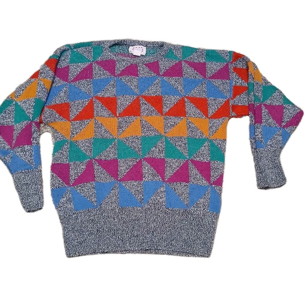 Vintage E’Ma Made in USA Color Block Geometric Triangle‎ Knit Sweater 80s Large